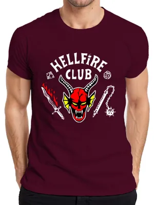 Immagine prodotto di Maglietta HELLFIRE CLUB Demon Skull Horns D20 Flaming Sword Roleplay Uomo, Borgogna, L