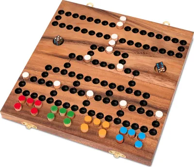 A wooden board game with colorful playing pieces and dice.