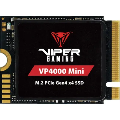 A close-up studio shot of a Viper Gaming VP4000 Mini M.2 PCIe Gen4 x4 SSD on a white background.