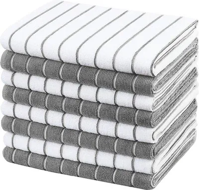 Immagine prodotto di Set di 8 strofinacci in microfibra Unyqoos®, 45 x 65 cm – morbidi, altamente assorbenti, senza pelucchi, a righe, grigio/bianco