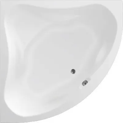 A top-down view of a white corner bathtub.