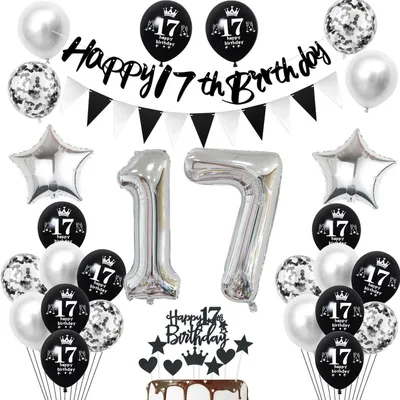 Produktbild von 17. Geburtstag Deko Set Junge Mädchen Schwarz Silber Banner Girlande Luftballons Tortendeko