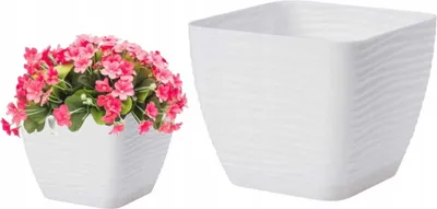 Two images of a white square planter. The left image shows the planter with pink flowers and green leaves. The right image shows the planter empty.