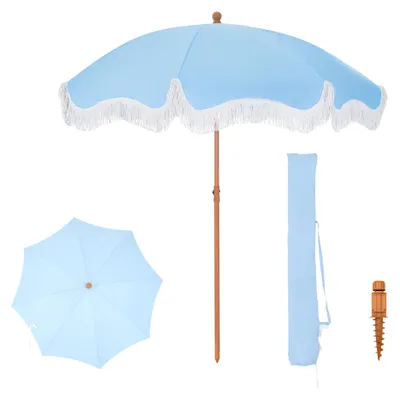 Produktbild von Balkon-Sonnenschirm, 200 cm, faltbar, rund mit Fransen, Boho-Strand-Sonnenschirm, Garten-Sonnenschirm, windfest, Balkon-Sonnenschirm mit Erdspieß für Terrasse, UPF 50+, himmelblau