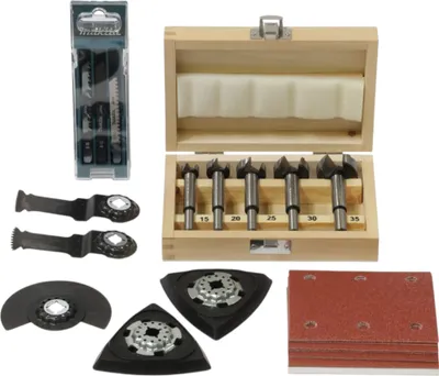 Obrázok produktu pre 30-dielna sada na spracovanie dreva Makita (P-84844) Pílové listy, brúsny papier, vrtáky Forstner, príslušenstvo pre multifunkčné náradie.