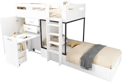 Produktbild von Merax Etagenbett 90x200cm mit ausziehbarem Schreibtisch, Hochbett  mit Schubladen und Kleiderschrank, Kinderbett mit Leiter, Jugendbett Stockbett Weiß