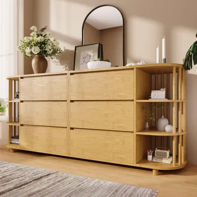 Zdjęcie produktu dla Dębowy kredens rzymski z bambusowymi półkami, 6 szufladami i otwartymi przegródkami, regulowana wysokość, stylowy design z kolumnami, wys. 75/B160/D40 cm