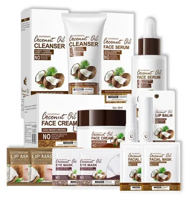 Productafbeelding van Koreaanse huidverzorgingsset met kokosolie, niacinamide serum, gezichtsmasker, hydraterende crème en lippenbalsem - 10 stuks