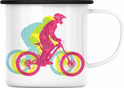 Produktbild von Trendation - Moutainbike Geschenk Emaille Tasse Mountainbiker Geschenkidee Kinder Emaille Emaille Tasse Männer Accessories Grafik MTB Fun (Schwarz)