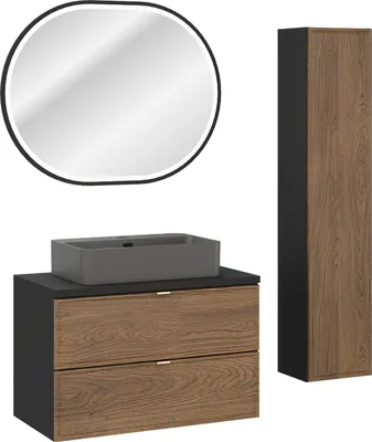 Produktbild von Moderner 80 Cm Schrank Mit Arbeitsplatte, Grauem Waschbecken Und Led-Spiegel