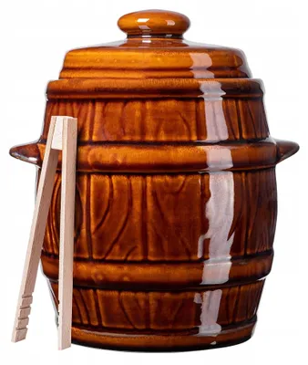 Obrázok produktu pre Keramická nádoba na kyselé uhorky a kapustu – fermentačná nádoba s objemom 3,5 l – s pokrievkou a kliešťami – hnedá