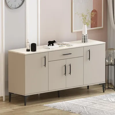 Image de HOMIDEA LAURA, buffet avec 4 portes et 1 tiroir – Meuble de rangement moderne pour salon et salle à manger, dimensions 160 x 78,6 x 40 cm (beige/travertin)