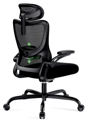 Produktbild von Ergonomischer Bürostuhl mit verstellbarer Lendenstütze, Kopfstütze und Armlehnen, Höhenverstellung und Wippfunktion, Schwarz