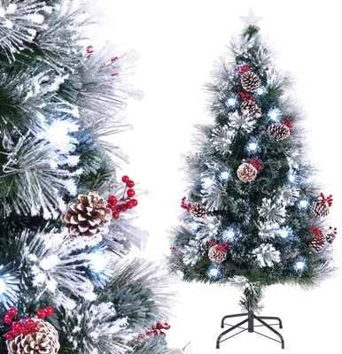 Obrázok produktu pre COSTWAY umelý vianočný stromček 150 cm s borovicovými šiškami a bobuľami, vianočný stromček so snehom, studenými bielymi LED diódami, sklenenými vláknami a hviezdicovou špičkou, 8 režimov zelená biela