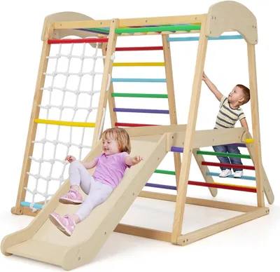 Produktbild von GOPLUS Kinder Klettergerüst, Kletterspielzeug Set mit Kletterleiter & Rutsche & Kletternetz & Querstange, vielseitiger Spielturm, Kletterturm (Bunt)