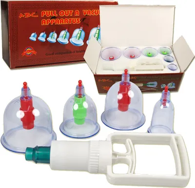 Produktbild von 6er Massage Schröpfen Set mit Schröpfgläser aus Kunststoff mit Magneten + Vakuumpumpe