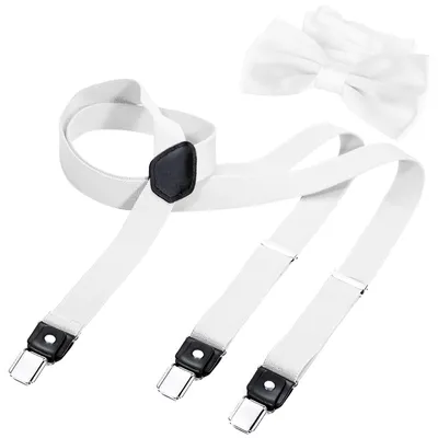 Produktbild von DonDon Herren Y-förmiger schmaler 2,5 cm Hosenträger elastisch und verstellbar im 2er Set mit farblich passender Fliege 12 x 6 cm - Weiß