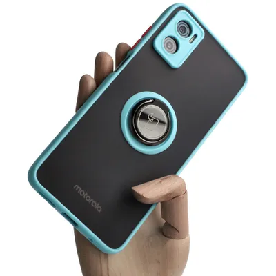 Produktbild von Bizon Case Hybrid Ring Fingerringhülle für Motorola Moto E22 / E22i, Rauch mit hellblauem Rahmen