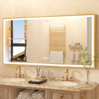 Produktbild von Vrygle LED Badspiegel 120×60 cm Goldrahmen, Badezimmerspiegel mit Beleuchtung, Dimmbar, Anti-Beschlag, Touch Wandspiegel für Bad & Schlafzimmer