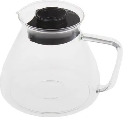 A clear glass pitcher with a black lid and handle.