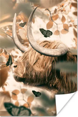 Produktbild von MuchoWow® Poster Schottische Hochlandrind - Sonne - Schmetterlinge 80x120 cm - Papierdruck