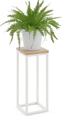 Produktbild von LAMO Manufaktur Blumenständer Weiss Metall | Pflanzenständer Holz mit Natur Farbe | Blumenhocker groß 50 cm für Zimmerpflanzen | 100% Echtholz | Sockel für Skulpturen