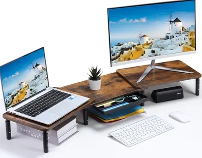 Monitorständer für 2 Monitore, höhenverstellbar, mit Schublade