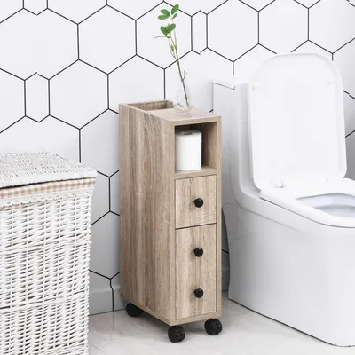 Image de Meuble de rangement pour papier toilette, avec 3 étagères et des roulettes, dimensions : 18 x 30 x 68,5 cm, aspect bois en chêne