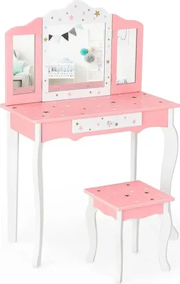 Image de Coiffeuse pour enfants - Set princesse - Avec tabouret - Miroir rabattable en 3 parties - Tiroir - Bois - Rose