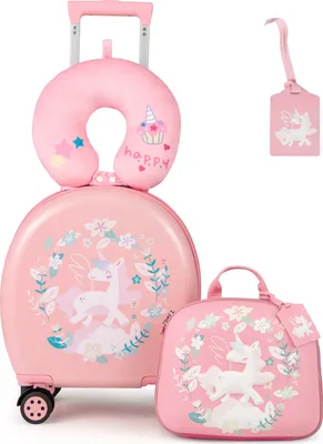 Produktbild von COSTWAY Kindergepäckset, 4-teiliges Reisegepäck mit Rollkoffer, Rucksack, Nackenkissen & Namensschild, Reisekoffer-Set auf Rädern Rosa