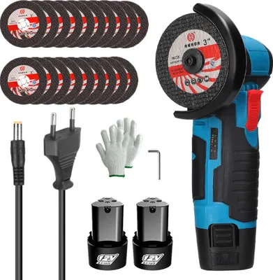 Produktbild von 500W 12V Akku-Winkelschleifer, 76mm Schleifscheibe, mit Ladegerät und 2 × 1500Mah Batterien, 19 Stück Trennscheiben