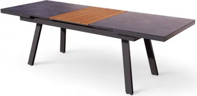 Produktbild von ALEOS. Aluminium Glas Teakholz Gartentisch Ausziehtisch 180 ausziehbar auf 240 cm x 90 cm Tisch Esstisch Glastisch Aluminiumtisch TRINIDAD mit synchroner Ausziehautomatik
