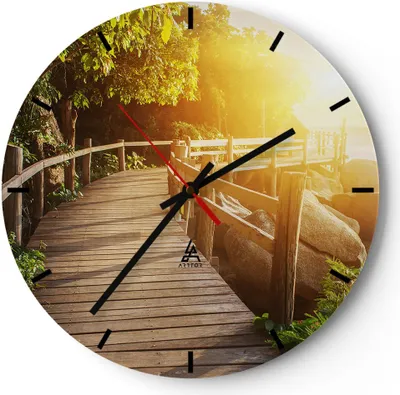 Produktbild von Wanduhr - Rund - Glasuhr - Brücke Meer Welle - 30x30cm - Schleichendes Uhrwerk - Lautlos - zum Aufhängen bereit - Dekoration Modern - Wanddekoration aus Glas - C3AR30x30-3876