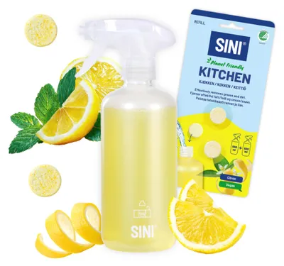 Produktbild von SINI Starterset Küche – Flasche & 2 Tabletten - Allzweckreiniger mit Zitrusduft – Vegan & Umwelt (Nordic Swan) – Hergestellt in Finnland