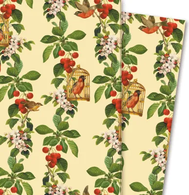 Produktbild von Wunderschönes Geschenkpapier Apfelkirsche mit Vögeln und Blüten, gelb - G4238, 32 x 48cm
