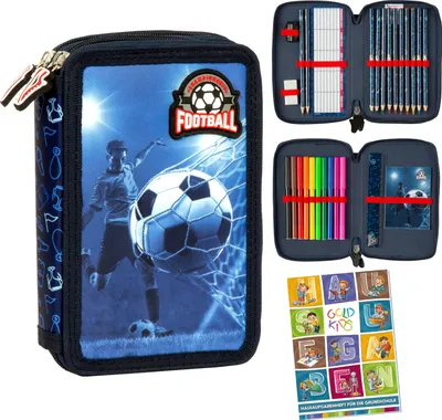 Produktbild von Federmäppchen 2 Fächer Mäppchen für Mädchen Jungen Federmappe 2-Fach Federtasche Gefüllte Schüleretui 27-teilig Schulmäppchen Fußball Hausaufgabenheft