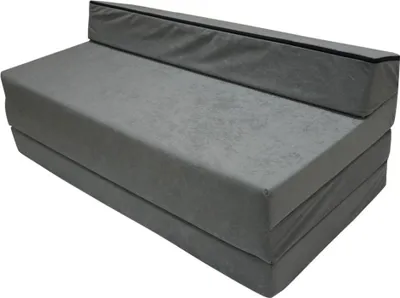 A gray foldable mattress/sofa is shown against a white background.