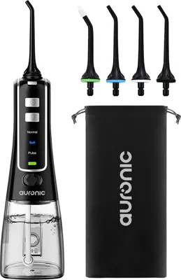 Produktbild von Auronic Munddusche - Elektrische Munddusche - 3 Modi - Kabellos und Wiederaufladbar - 300 ml - 4 Aufsätze - Schwarz