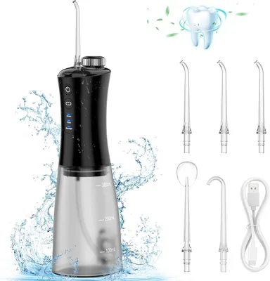 Produktbild von Munddusche Kabellos,Zahnseide, Massage Zahnseide, Wiederaufladbar, 12 Gänge, Wasserstrahl für Zahnspangen, mit 350 ml Wassertank und 5 Strahlspitzen