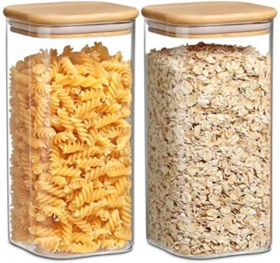 Productafbeelding van PromoHome® Glazen voorraadpotten, set van 2, 1600 ml - Luchtdichte deksels van bamboe - Opbergcontainers voor granen, pasta, koekjes, noten - Vrij van BPA