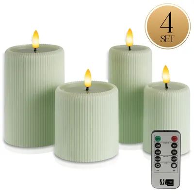 Produktbild von Meisterhome® LED Stumpenkerzen 4er-Set –  LED Kerzen - Flammenlose Kerzen mit Fernbedienung & Timer – Batteriebetrieben – Warmweißes Licht – Ø 7,5/10 cm, Höhe 10/15 cm – Riffel-Design – Realistische flackernde Flamme, Farbe:Sage