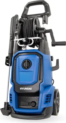A blue and black Hyundai electric pressure washer is shown against a white background.