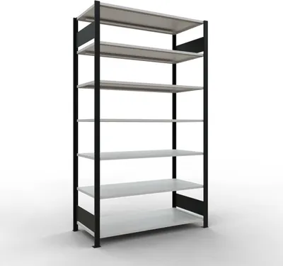 Produktbild von Schulte Büro-Fachbodenregal MULTIplus150 Stecksystem ohne Mittelanschlag | Grundregal | Fachlast 150kg | 230x130x60cm | 7 Ebenen | Beidseitig nutzbar | Schwarz/Lichtgrau