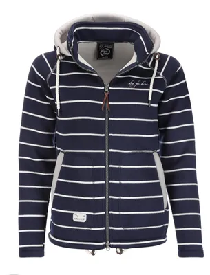 Produktbild von Dry Fashion Damen Fleece-Jacke Föhr - Fleecejacke Strickjacke Sweatshirtjacke Damen Outdoor Jacke mit Kapuze und Reißverschluss in Navy-Gestreift Größe 36