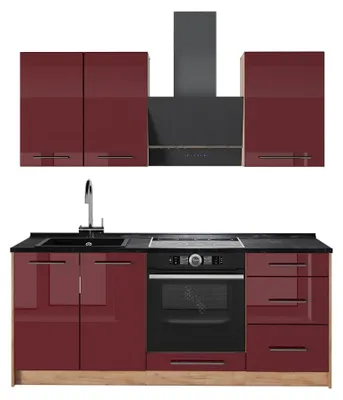 Productafbeelding van Eenpersoonskeuken Vicco Fame-Line Bordeauxrode hoogglans/Goudkleurig Eiken 190 cm zonder werkblad, Model 64890