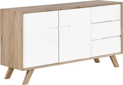Produktbild von BELIANI Sideboard Weiß Heller Holzfarbton MDF Platte Pinienholz 75 x 140 x 40 cm Modern 3 Schubladen Mit 2 Türen Wohnzimmer