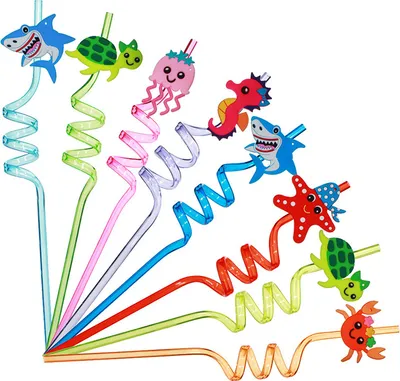 Produktbild von 8 Wiederverwendbare Strohhalme Meeresbewohner Sommer-Ocean-Strohhalme Lockig Party-Trinkhalme Kinder Jungen Mädchen Geburtstagsfeier Dekorationen Partyzubehör, 5mm x 27cm