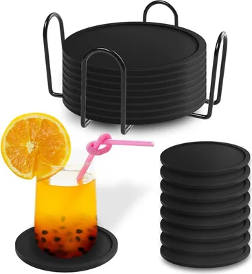 Image de Dessous de verre en silicone noir Set de 8 - Sous-verres de table ronds design pour bar