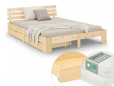 Image de Lit Double 160x200 cm avec 2 Matelas et Tiroirs Lit en Bois Naturelle Cadre de Lit Sommier à Lattes