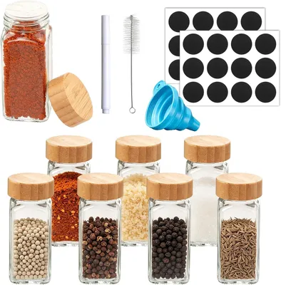 Produktbild von Gewürzmühle 8 Gewürzdosen aus Glas mit Sprinklereinsatz und Etiketten, 120 ml Bambusdeckel, luftdichte Gewürzdosen, Küche, leere Gewürzdosen, Vorratsd